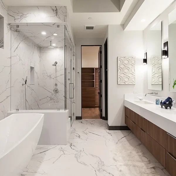 Marble look from floor to wall.
