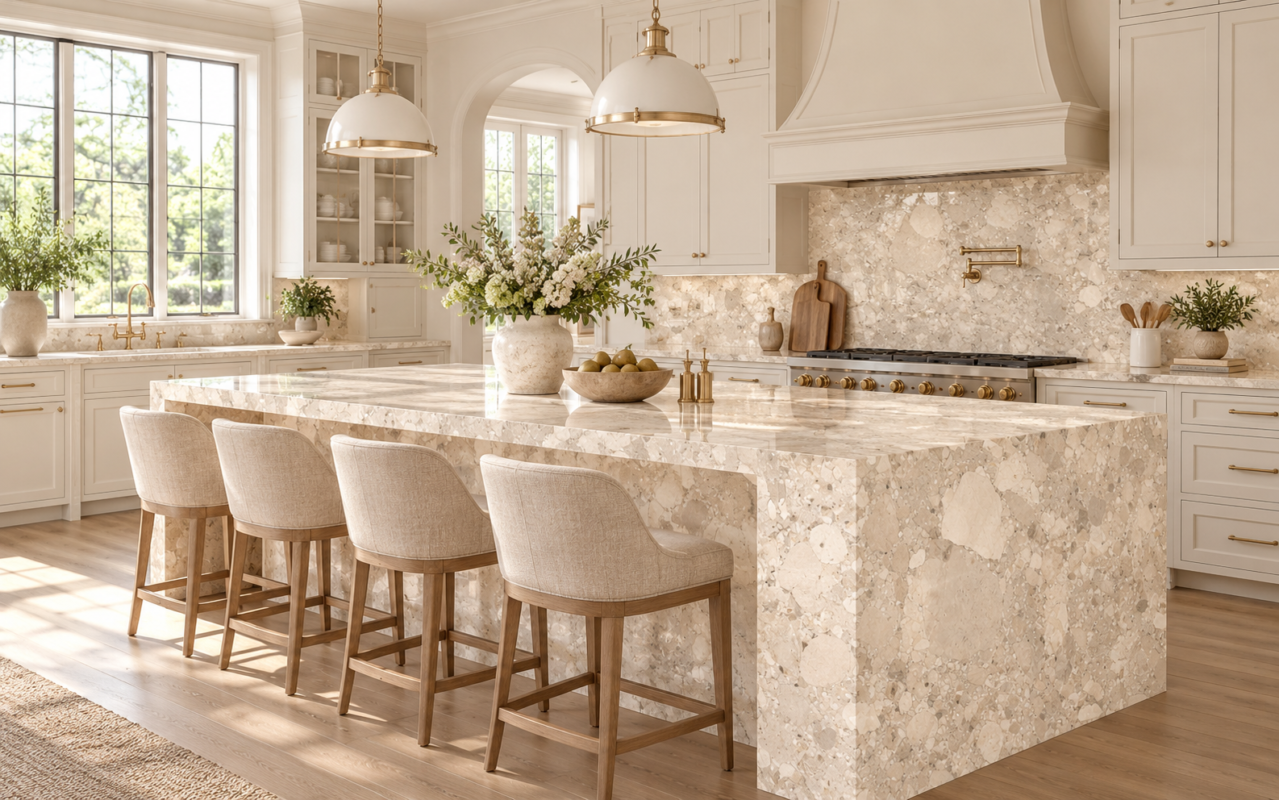 Luxury kitchen design featuring a Ceppo Romano honed natural stone waterfall island and matching backsplash, complemented by cream cabinetry, brass accents, and elegant pendant lighting.