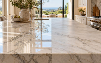 Honed and polished marble countertops showcasing matte and glossy finishes in a luxury kitchen