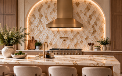Luxury kitchen featuring an elegant mosaic tile backsplash, marble island, warm wood cabinetry, and brass accents.