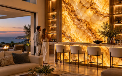 Luxury Orange County home featuring a glowing backlit onyx wall and elegant bar