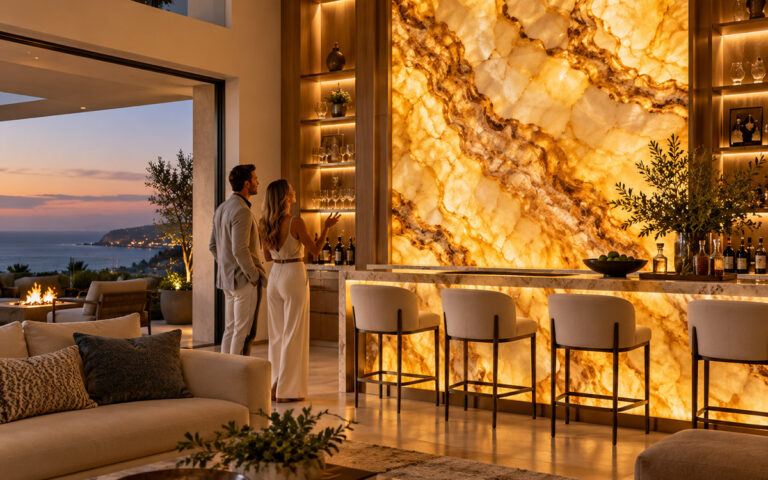 Luxury Orange County home featuring a glowing backlit onyx wall and elegant bar